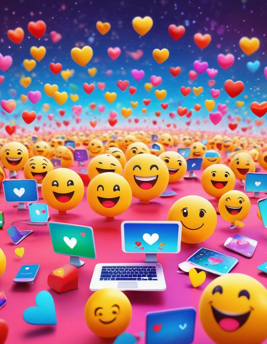 A diverse group of smiling individuals engaging joyfully with their devices in a vibrant, virtual environment filled with colorful emojis, digital hearts, and uplifting messages. The background should feature abstract shapes symbolizing connectivity and community, evoking a sense of happiness and satisfaction. Bright and warm colors to enhance the cheerful atmosphere. digital illustration. vibrant colors. 3D.