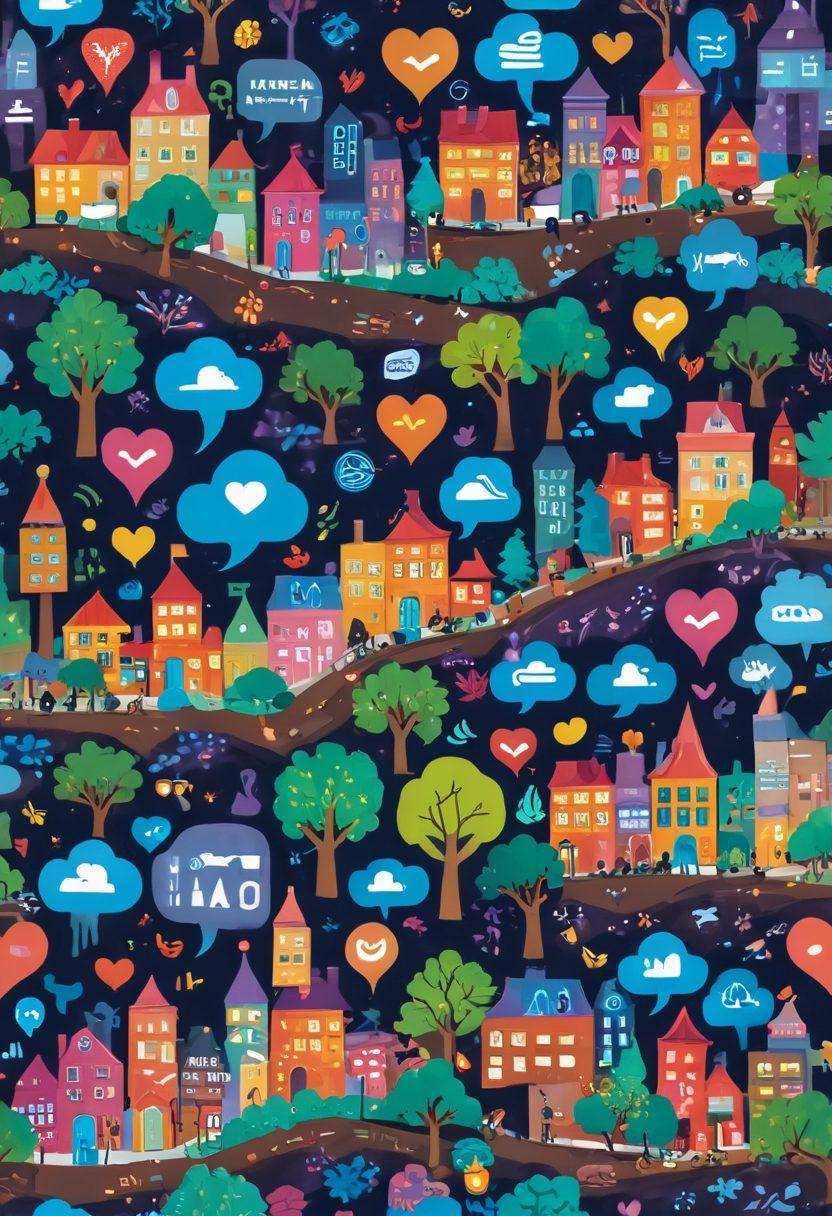 A digital landscape filled with glowing, interactive interfaces where diverse people joyfully engage with technology. Show expressions of delight on their faces as they seamlessly navigate through colorful app icons and intuitive designs. Incorporate elements that symbolize user feedback, like thumbs up and heart emojis floating around. The background should be a futuristic cityscape blending advanced tech with natural elements like trees. vibrant colors. 3D.