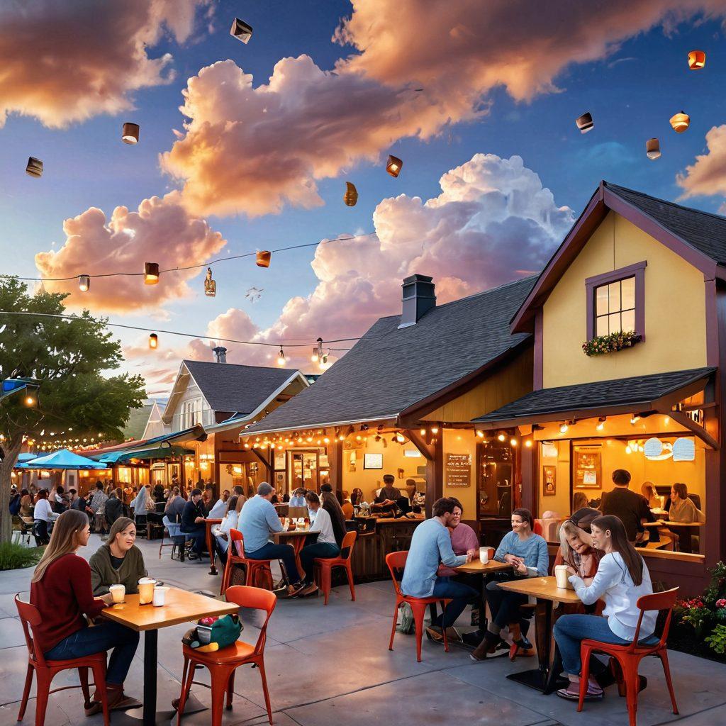 A serene landscape transitioning from contentment to connection, featuring a cozy coffee shop filled with smiling people sharing stories, vibrant social media icons floating above, and a glowing digital network symbolizing online interaction, all under a bright cloudy sky. super-realistic. vibrant colors. warm tones.